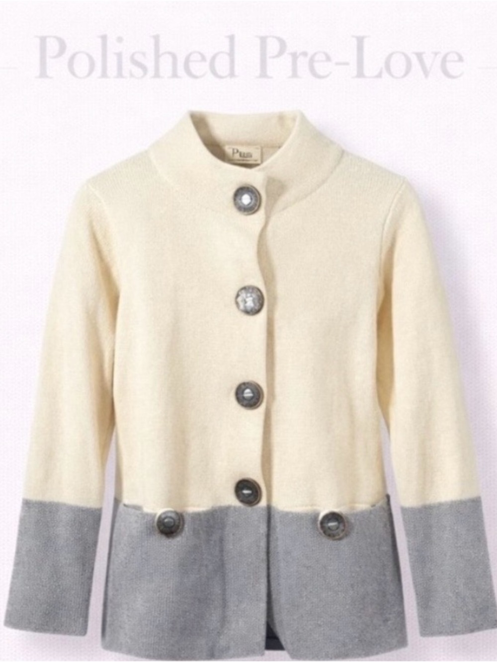Pure Knits Colorblock Cardigan Sweater Women’s Small Cream Gray Button Front